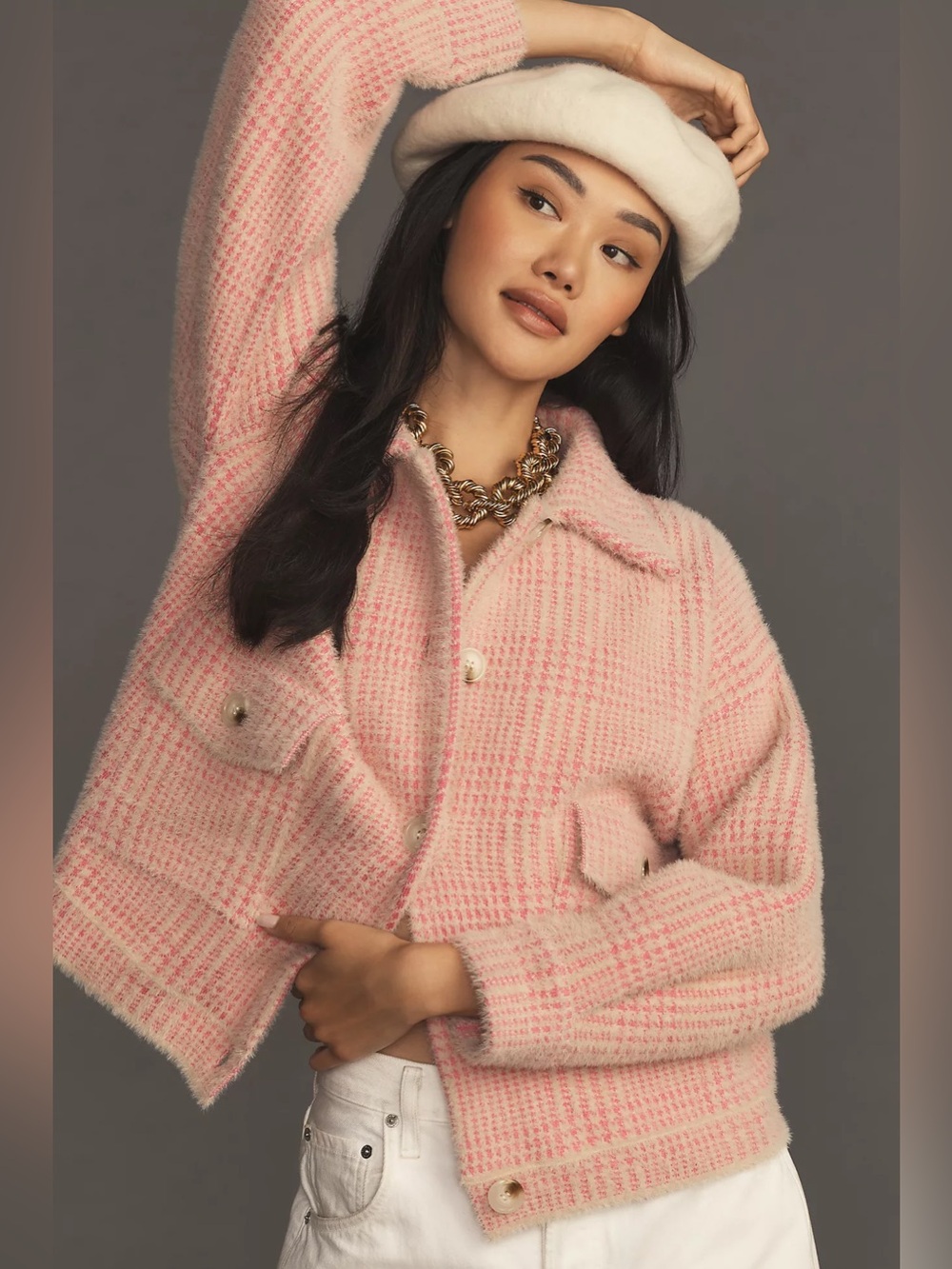 Anthropologie Pink Plaid Bouclé Teddy Jacket